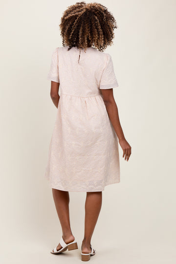 Beige Gingham Short Sleeve Maternity Dress
