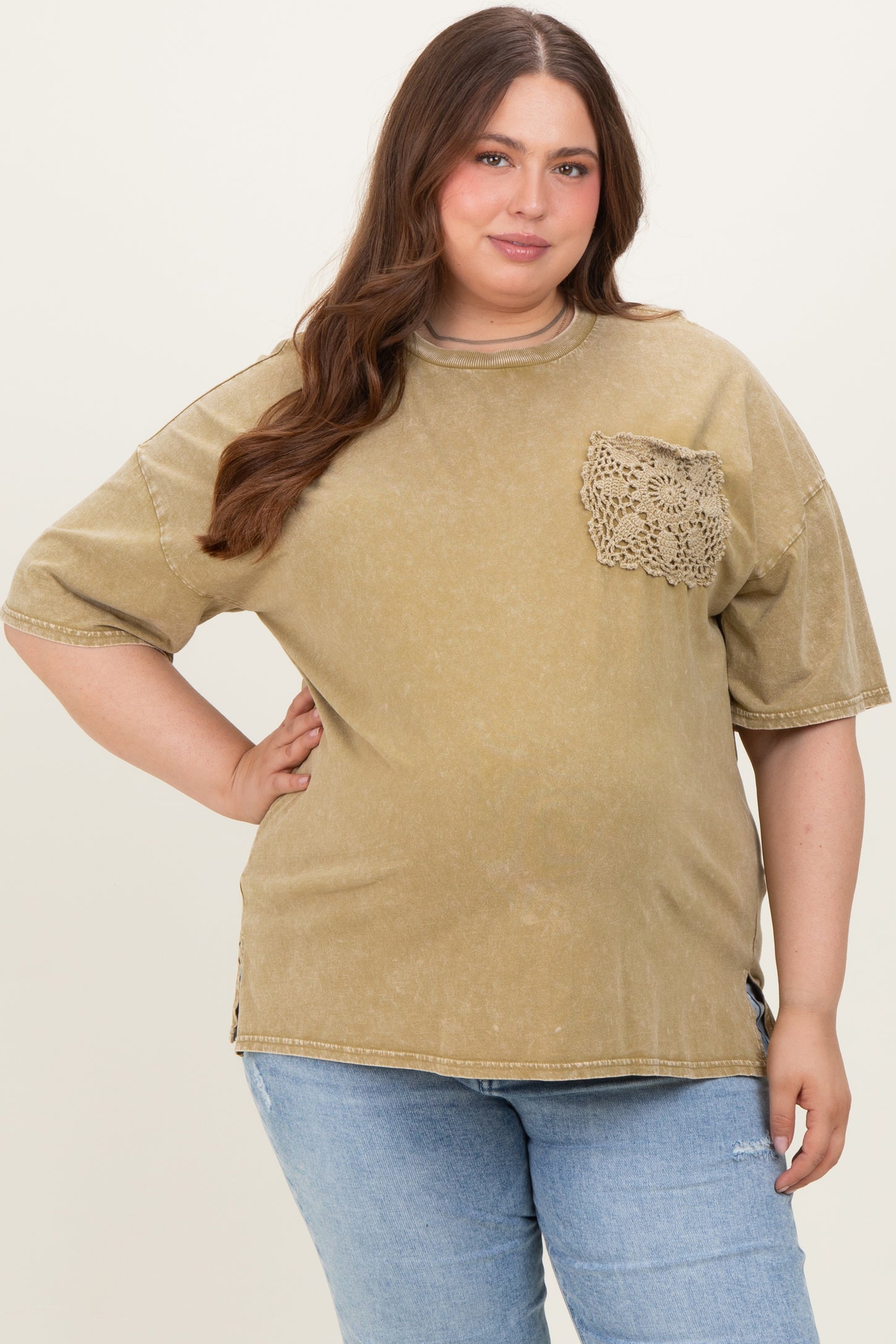 Light Olive Mineral Wash Crochet Pocket Maternity Plus Top