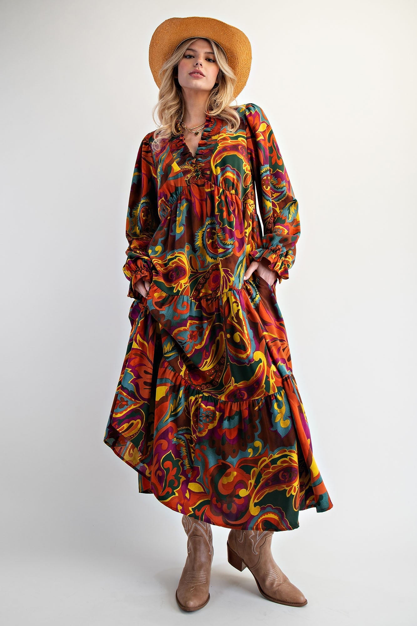 Brown Paisley V-Neck Long Sleeve Tiered Maternity Maxi Dress