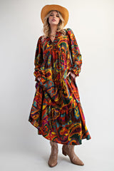 Brown Paisley V-Neck Long Sleeve Tiered Maternity Maxi Dress
