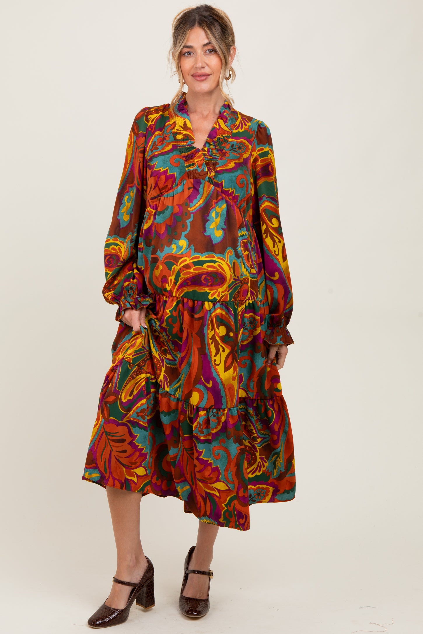 Brown Paisley V-Neck Long Sleeve Tiered Maternity Maxi Dress