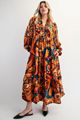 Peach Paisley V-Neck Long Sleeve Tiered Maxi Dress