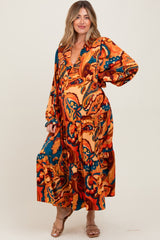 Peach Paisley V-Neck Long Sleeve Tiered Maternity Maxi Dress
