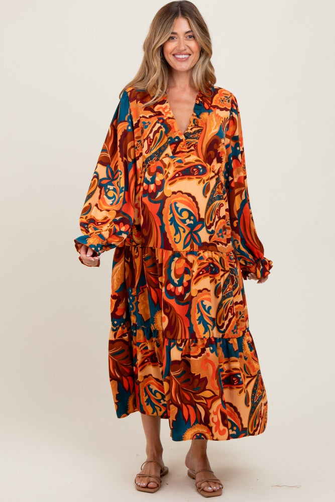 Peach Paisley V-Neck Long Sleeve Tiered Maternity Maxi Dress