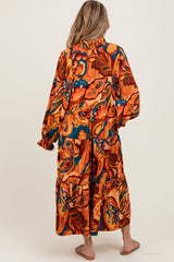 Peach Paisley V-Neck Long Sleeve Tiered Maternity Maxi Dress