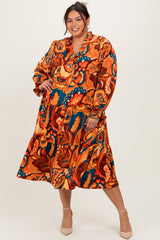 Peach Paisley V-Neck Long Sleeve Tiered Plus Maxi Dress