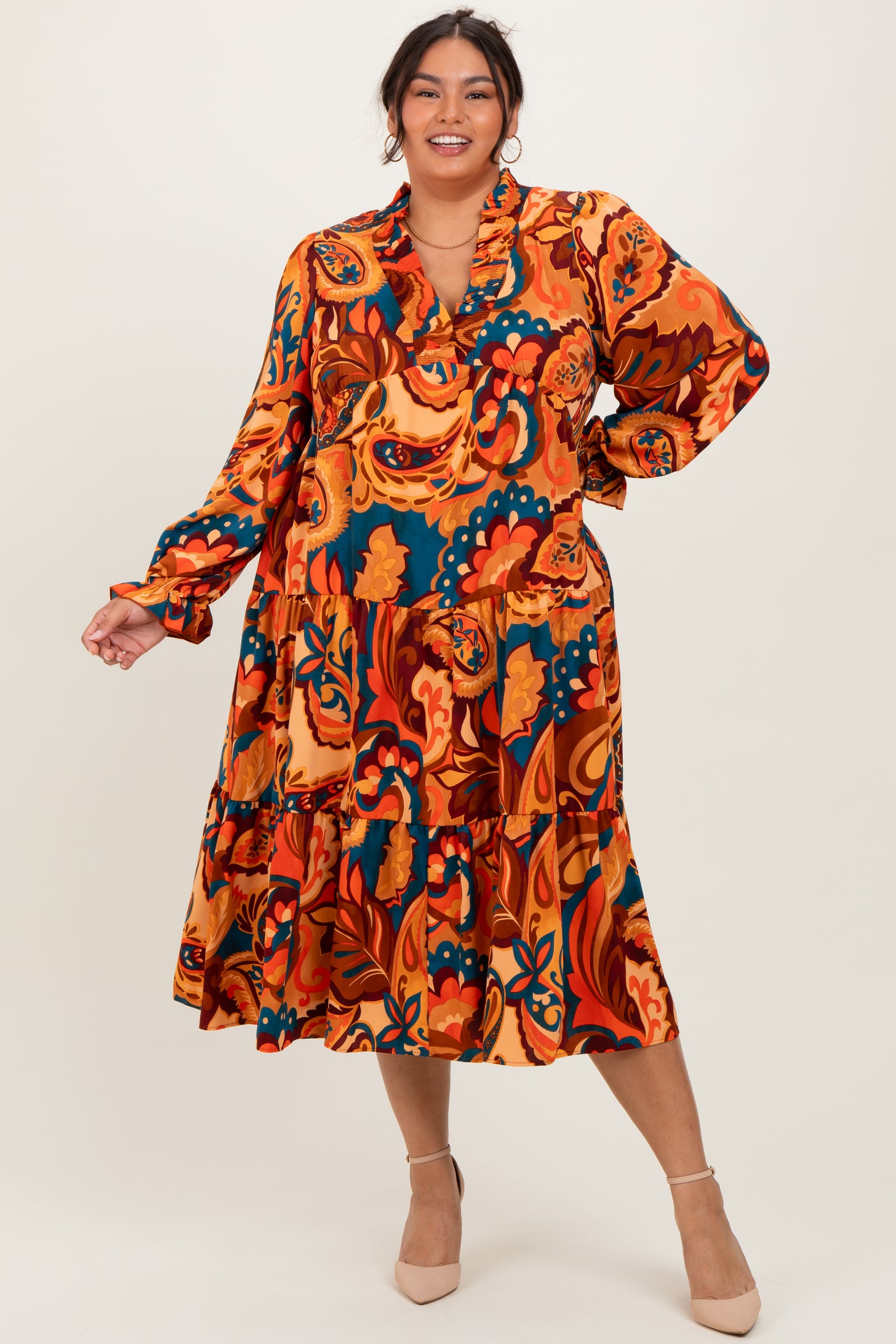 Peach Paisley V-Neck Long Sleeve Tiered Plus Maxi Dress