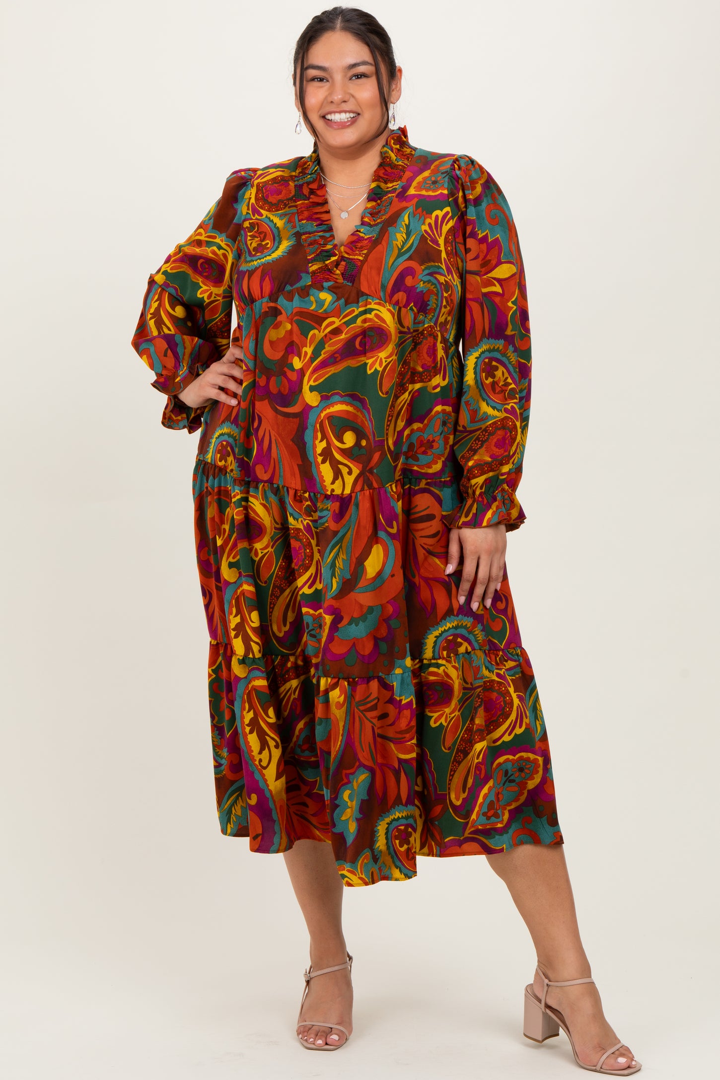 Brown Paisley V-Neck Long Sleeve Tiered Plus Maxi Dress