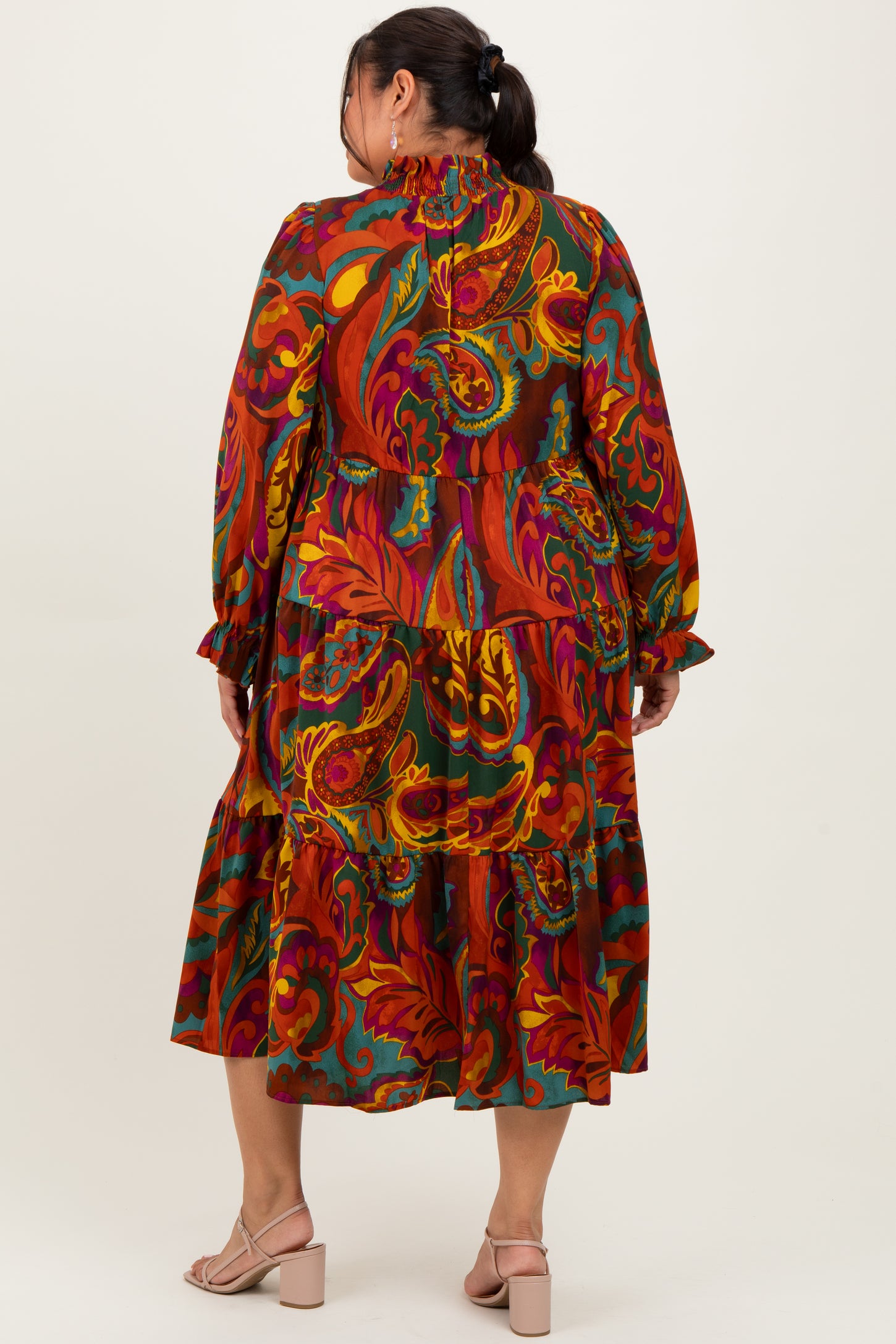 Brown Paisley V-Neck Long Sleeve Tiered Plus Maxi Dress