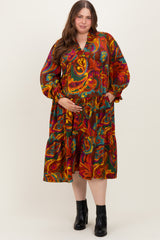Brown Paisley V-Neck Long Sleeve Tiered Maternity Plus Maxi Dress