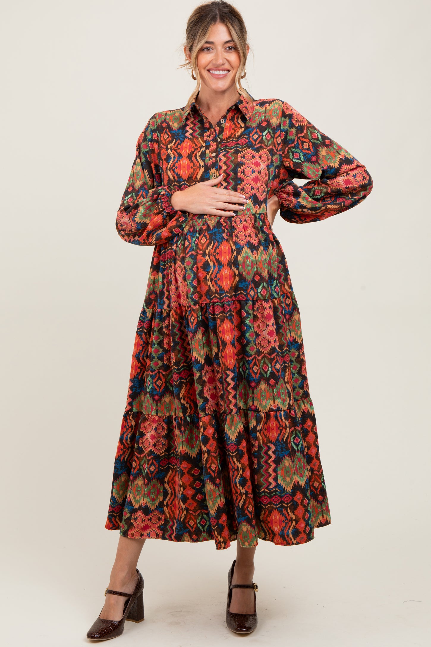 Black Printed Button Detail Tiered Maternity Midi Dress