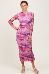 Fuchsia Floral Mesh Overlay Ruched Midi Dress