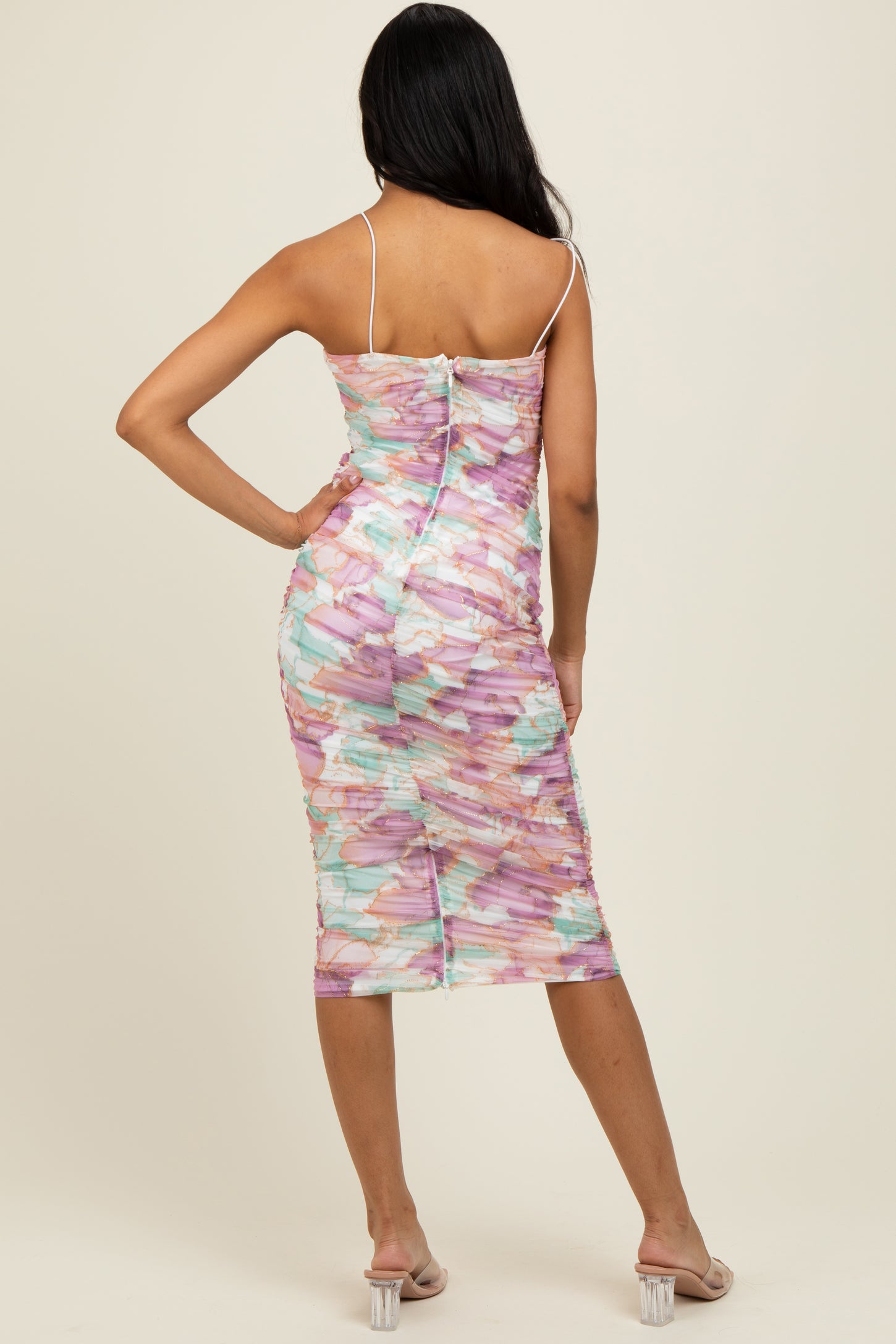 Mauve Floral Ruched Fitted Midi Dress