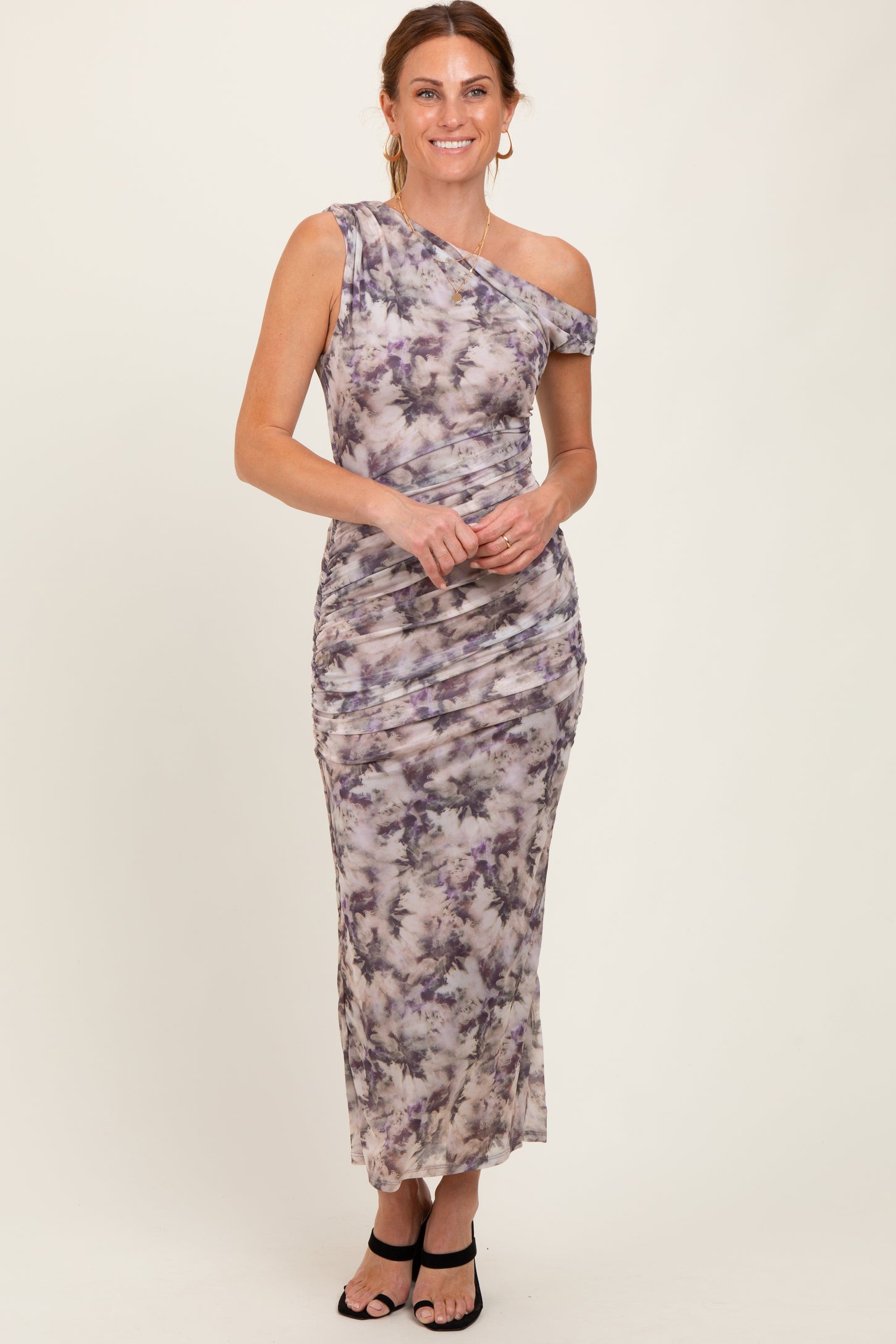 Purple Floral Ruched One Shoulder Midi Dress