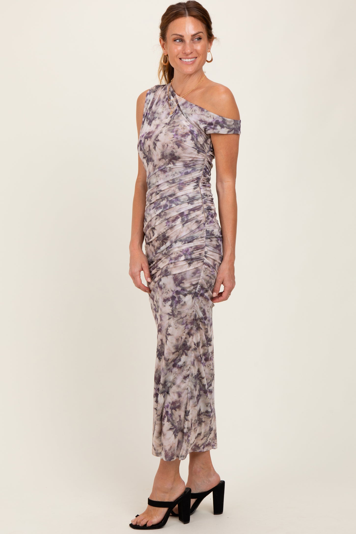 Purple Floral Ruched One Shoulder Midi Dress
