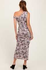 Purple Floral Ruched One Shoulder Midi Dress
