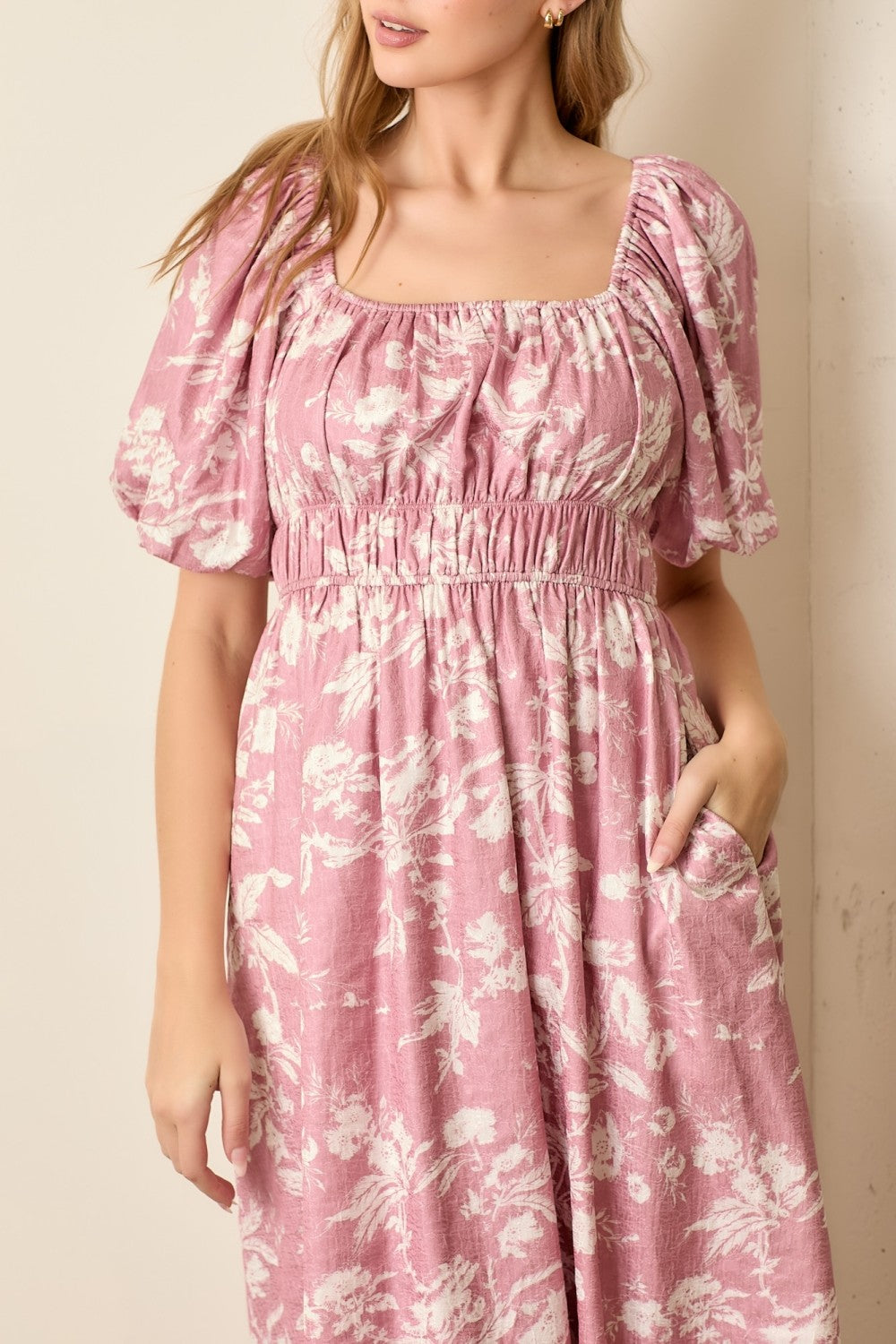 Pink Floral Puff Sleeve Smocked Waist Midi Dress