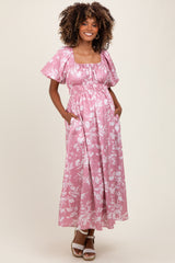 Pink Floral Puff Sleeve Smocked Waist Maternity Midi Dress