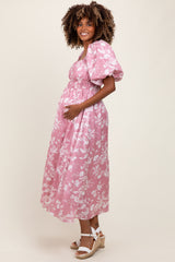 Pink Floral Puff Sleeve Smocked Waist Maternity Midi Dress