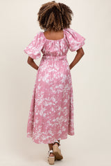 Pink Floral Puff Sleeve Smocked Waist Maternity Midi Dress