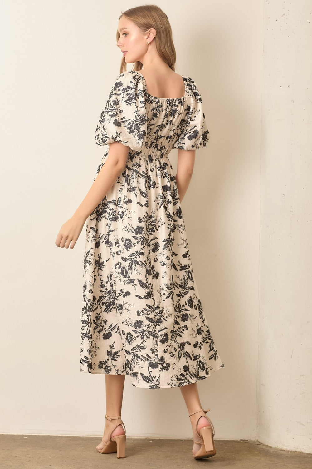 Cream Floral Puff Sleeve Smocked Waist Midi Dress