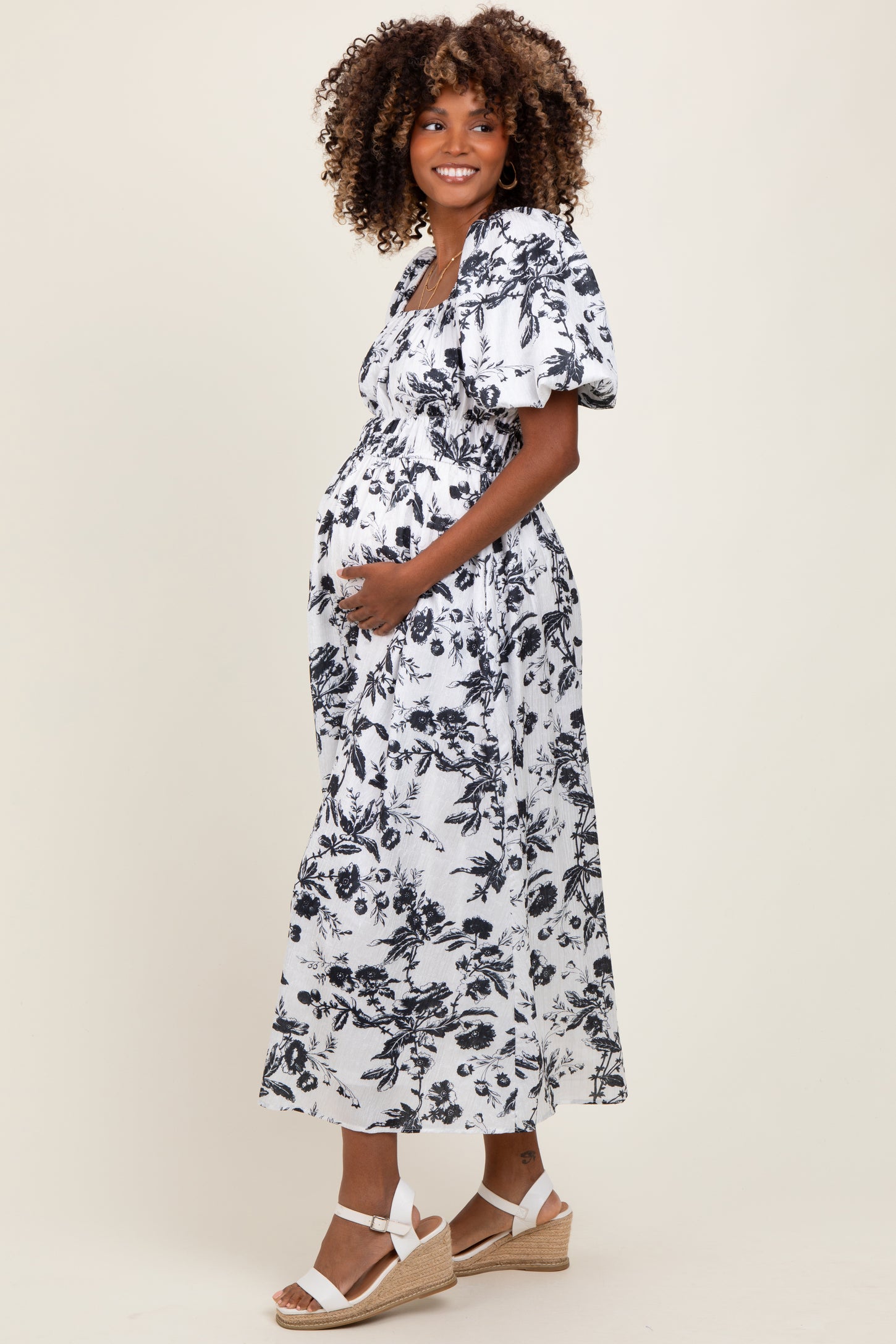 Cream Floral Puff Sleeve Smocked Waist Maternity Midi Dress