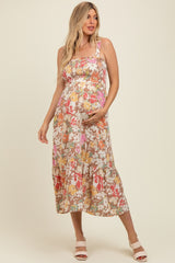 Mocha Floral Smocked Sleeveless Maternity Midi Dress