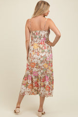 Mocha Floral Smocked Sleeveless Maternity Midi Dress