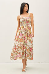 Mocha Floral Smocked Sleeveless Midi Dress