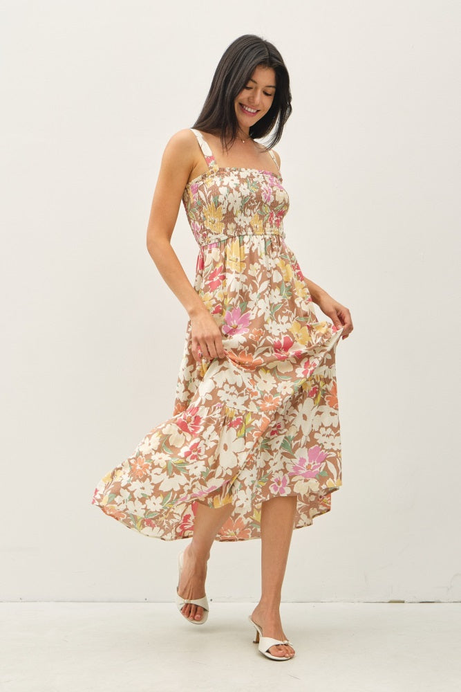 Mocha Floral Smocked Sleeveless Midi Dress