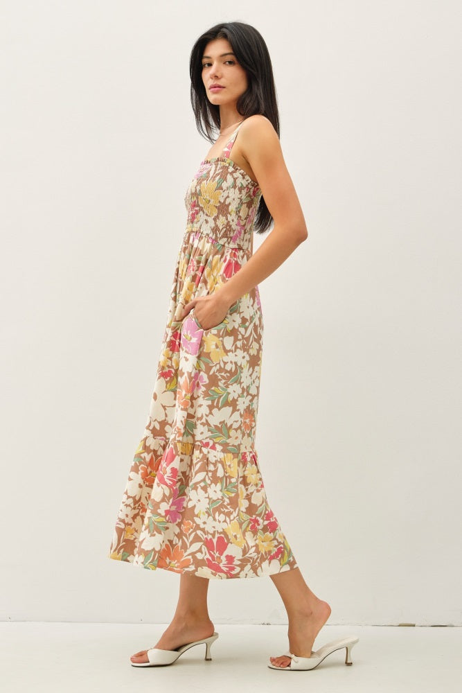 Mocha Floral Smocked Sleeveless Midi Dress