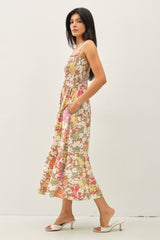Mocha Floral Smocked Sleeveless Midi Dress