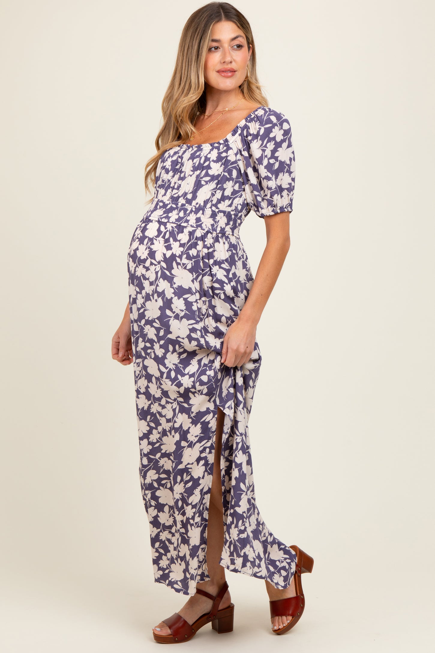 Periwinkle Smocked Waist Front Slit Maternity Maxi Dress