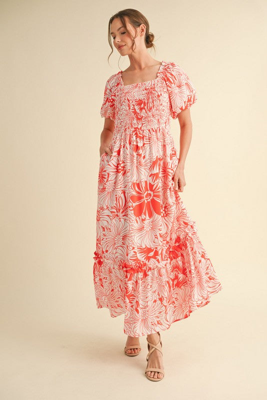 Coral Floral Print Smocked Bodice Maxi Dress