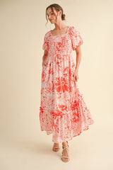 Coral Floral Print Smocked Bodice Maternity Maxi Dress