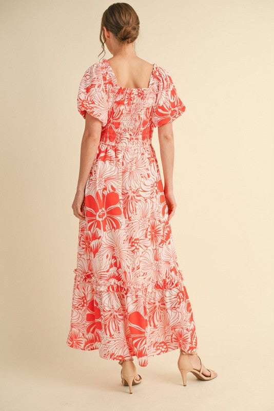 Coral Floral Print Smocked Bodice Maxi Dress