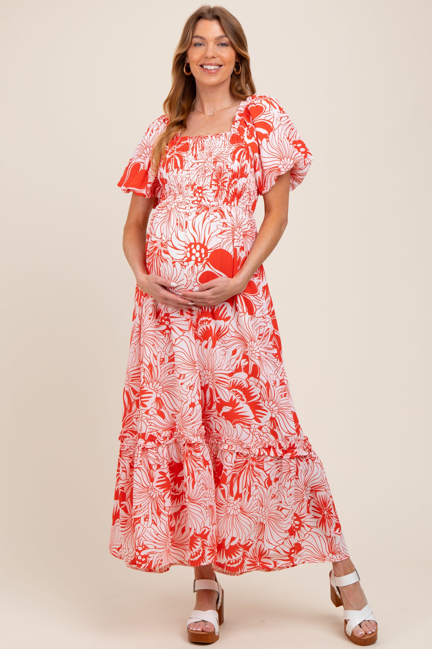 Coral Floral Print Smocked Bodice Maternity Maxi Dress
