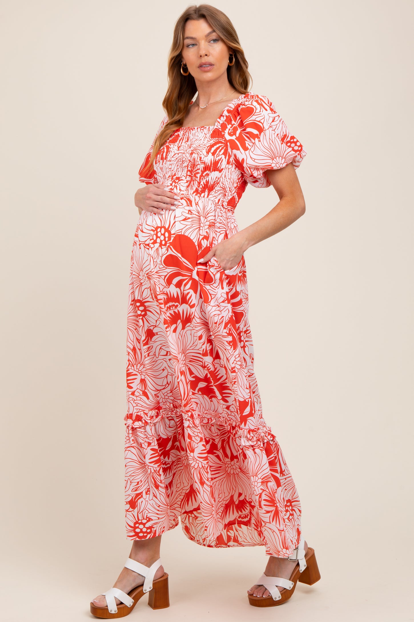 Coral Floral Print Smocked Bodice Maternity Maxi Dress