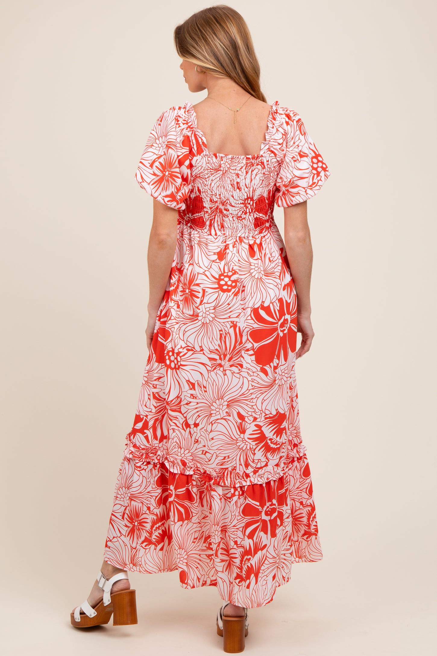 Coral Floral Print Smocked Bodice Maternity Maxi Dress