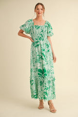 Green Floral Print Smocked Bodice Maternity Maxi Dress