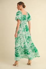 Green Floral Print Smocked Bodice Maxi Dress
