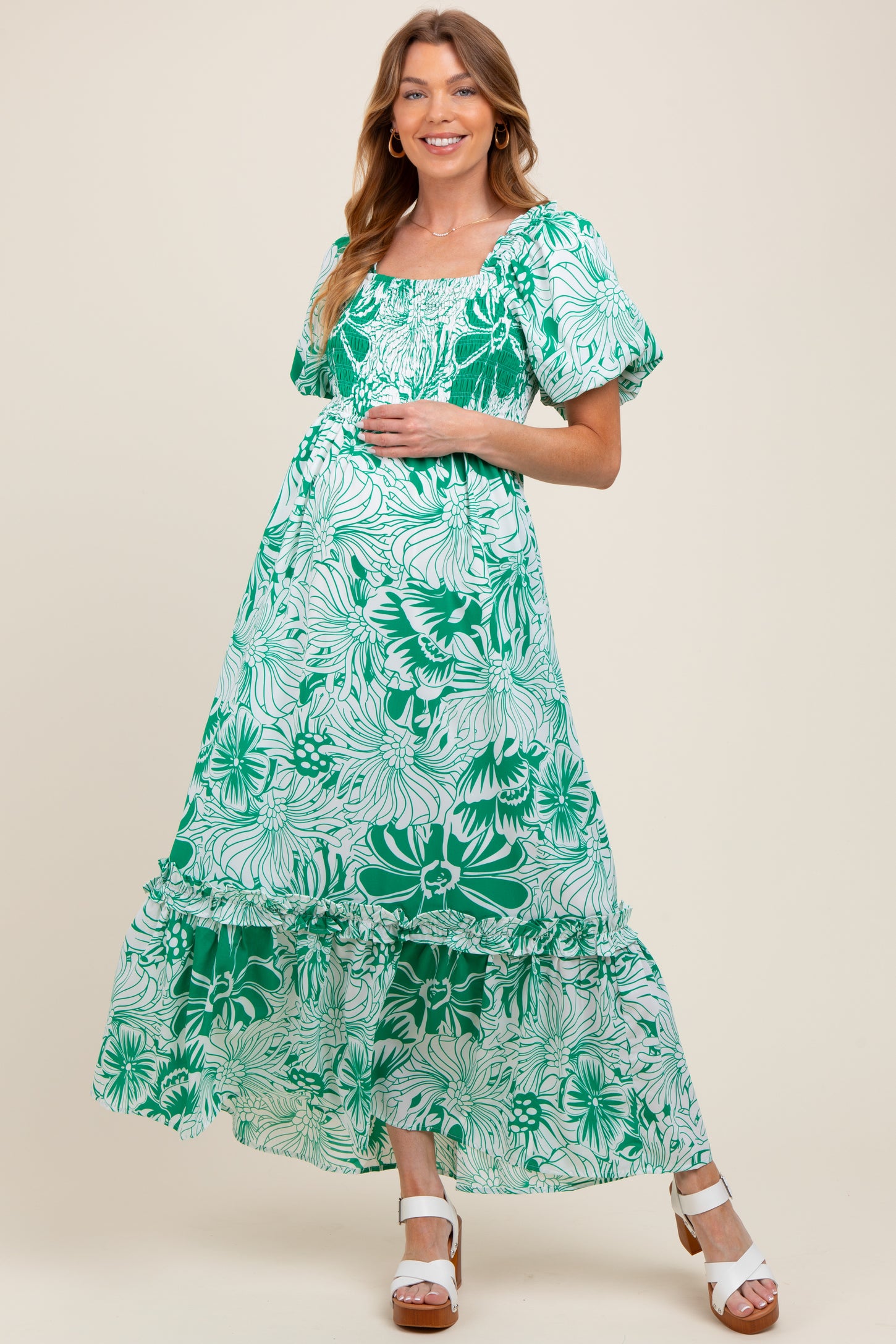 Green Floral Print Smocked Bodice Maternity Maxi Dress