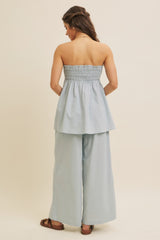 Light Blue Linen Ruched Strapless Tube Tunic Top