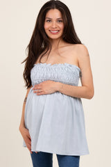 Light Blue Linen Ruched Strapless Tube Tunic Maternity Top