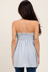 Light Blue Linen Ruched Strapless Tube Tunic Maternity Top