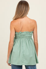 Light Olive Linen Ruched Strapless Tube Tunic Maternity Top