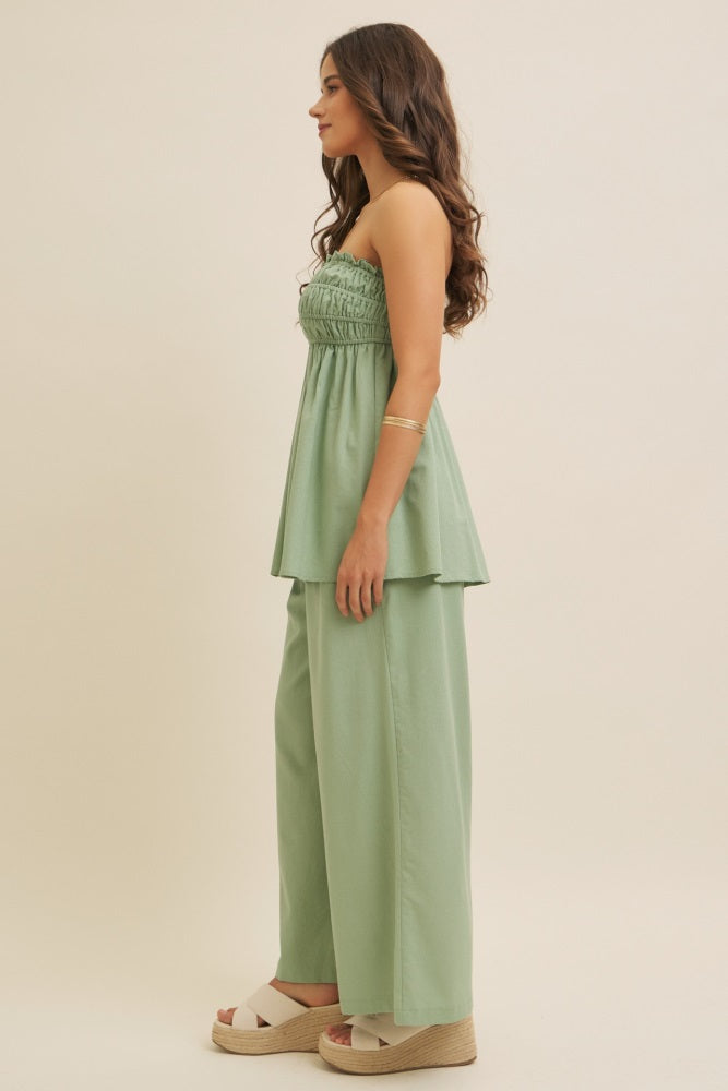 Light Olive Linen Ruched Strapless Tube Tunic Top