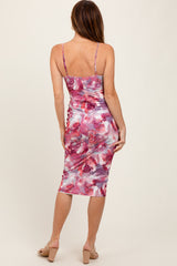 Mauve Floral Lace Trim Fitted Midi Dress