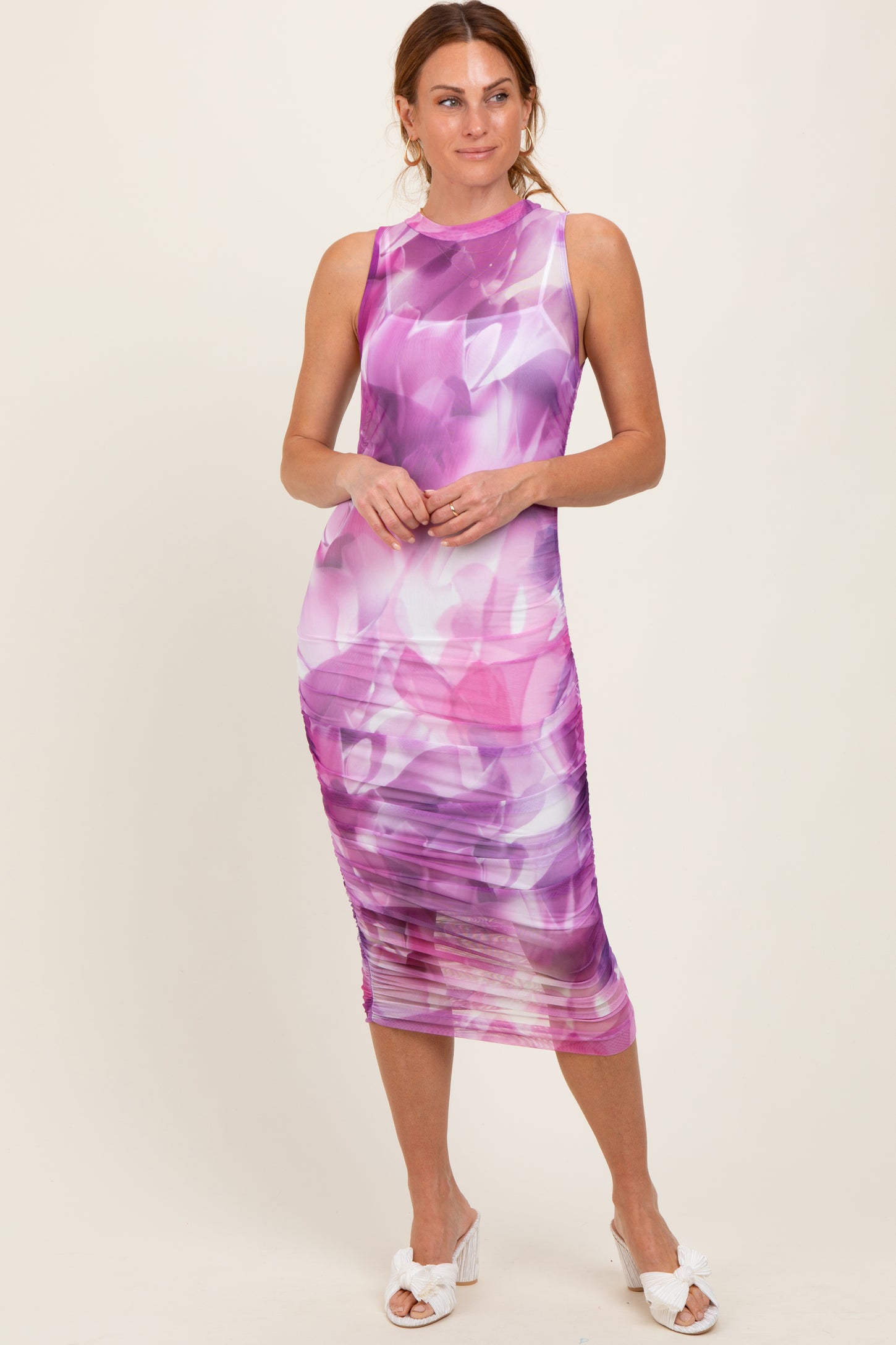 Purple Printed Mesh Overlay Sleeveless Fitted Midi Dress