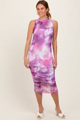 Purple Printed Mesh Overlay Sleeveless Fitted Midi Dress